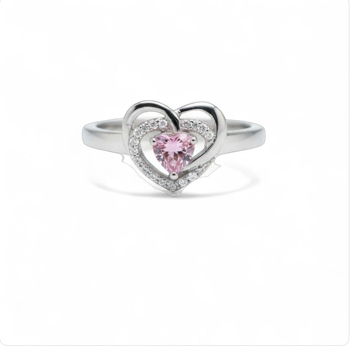 Sterling Silver Precious Heart Pink CZ Ring-AE-64