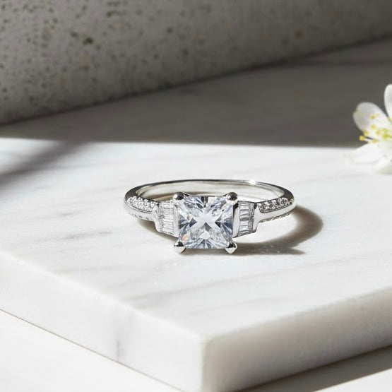 Sterling Silver Square Cut CZ Ring -ER-73