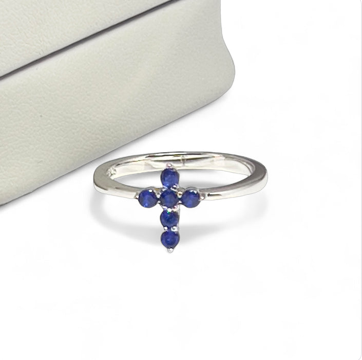 Sterling Silver Cross Blue CZ Ring-AE-85