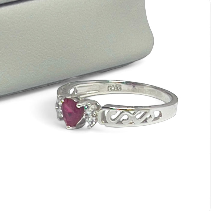 Sterling Silver Filigree Heart Promise Ring with Simulated Ruby-AE-115