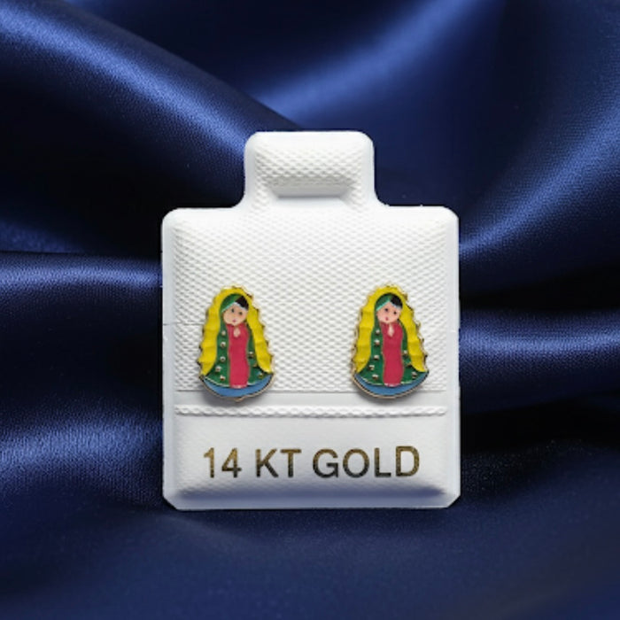 Solid 14K Yellow Gold Religious Our Lady Guadalupe Stud Earrings-GE-105