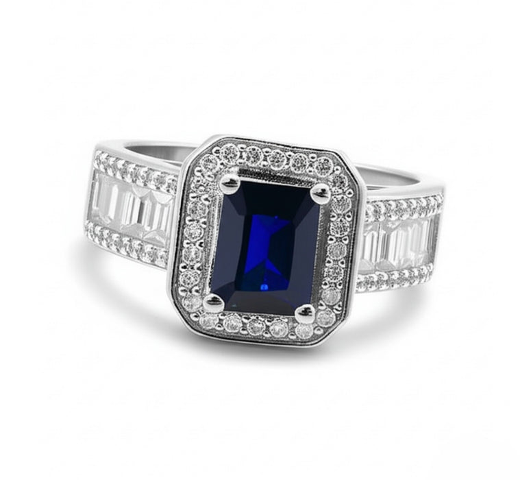 Sterling Silver Emerald Cut Blue Sapphire Clear CZ Ring-ER-75