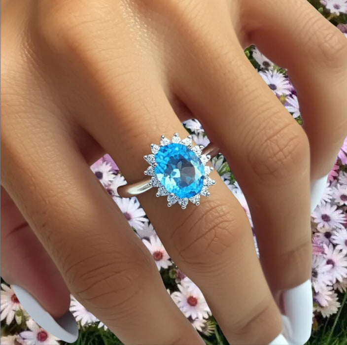 Sterling Silver Oval Aqua Blue CZ Ring-AE-67