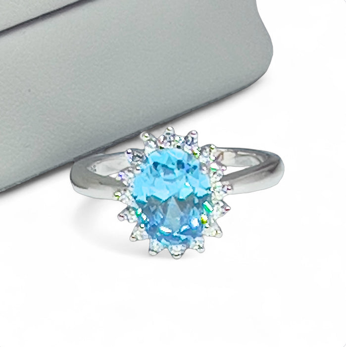 Sterling Silver Oval Aqua Blue CZ Ring-AE-67