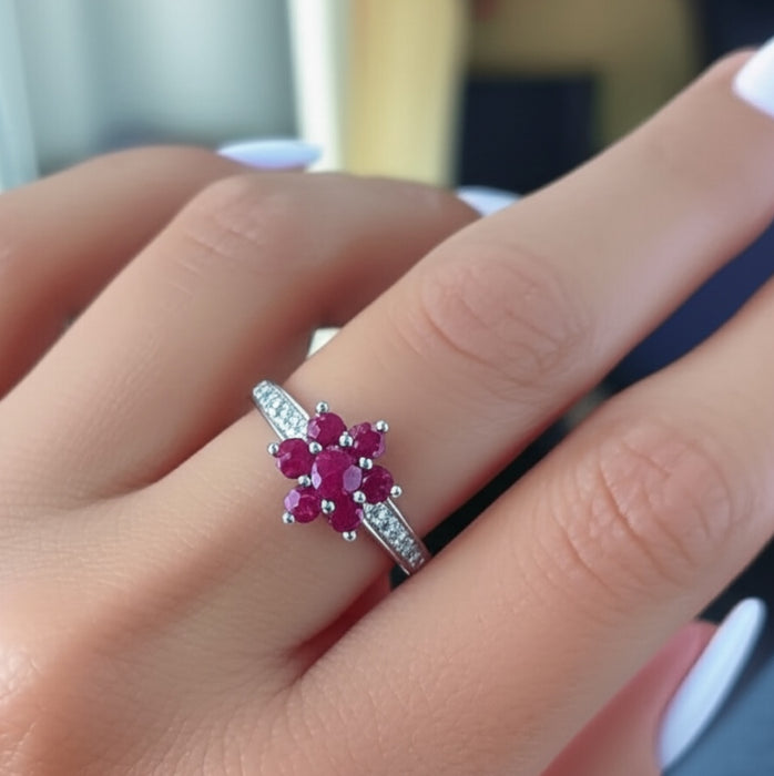 Sterling Silver Garnet Plumeria Flower CZ Ring-AE-06