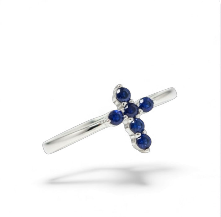Sterling Silver Cross Blue CZ Ring-AE-85