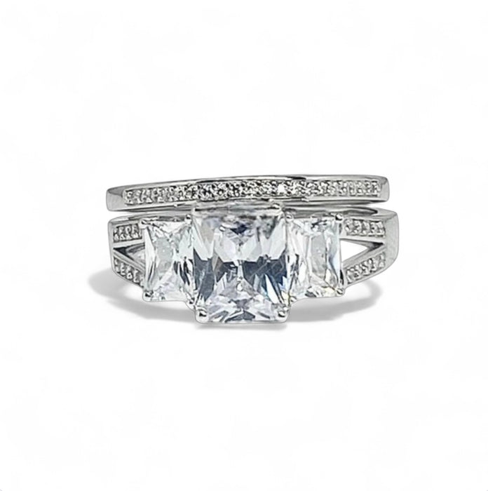 Sterling Silver Triple Square CZ Engagement Set Ring-ER-106
