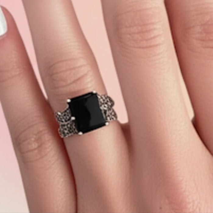 Sterling Silver Black Onyx Square Butterfly Marcasite Ring-AE-58