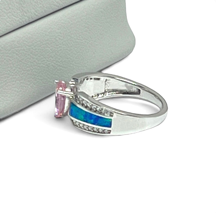 Sterling Silver Brilliant Blue Lab Opal & Pink Pear Cut & Clear CZ Ring  -AE-33