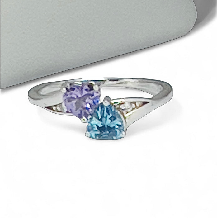 Sterling Silver Double Heart Amethyst CZ & Aquamarine CZ Ring-AE-51