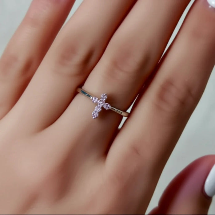 Sterling Silver Cross Pink CZ Ring-AE-82