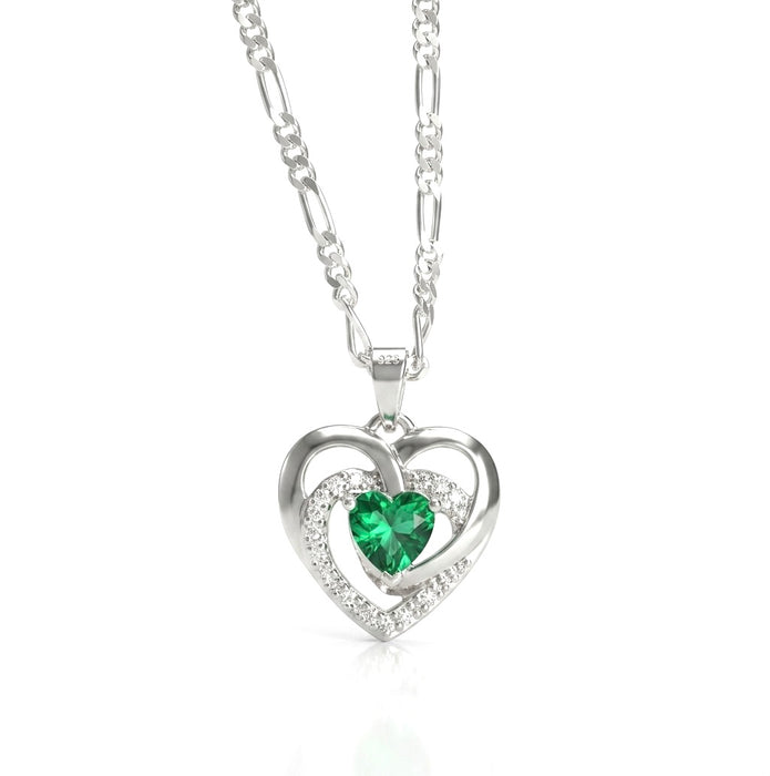 Sterling Silver Precious Heart Emerald CZ Necklace-SN-12