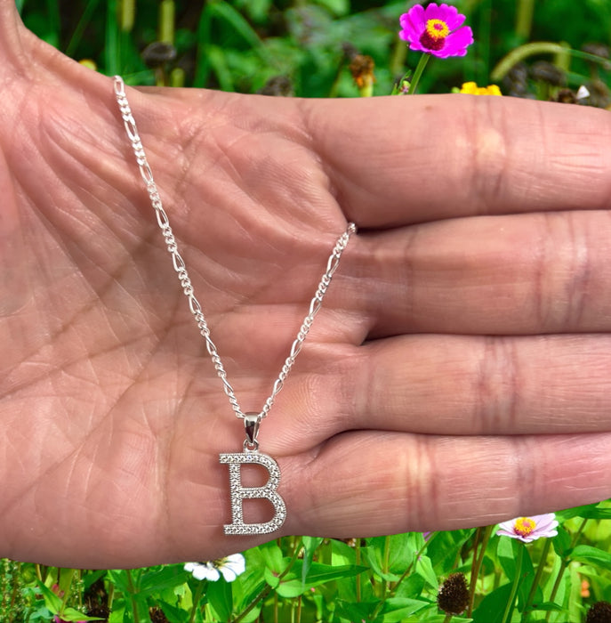 Sterling Silver Letter B CZ Necklace-SN-27