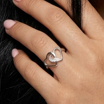 Sterling Silver Double Heart CZ Ring-AE-11