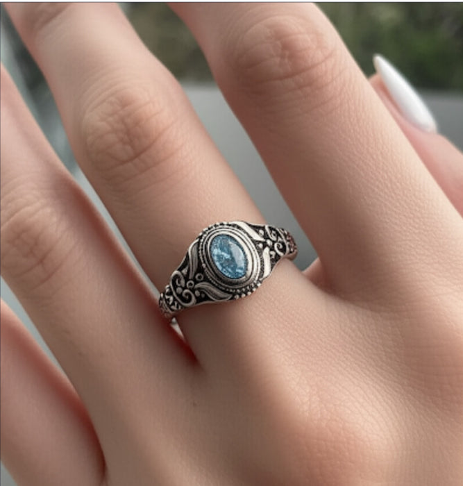 Sterling Silver Austere Oval Cut Aquamarine CZ Ring-AE-71