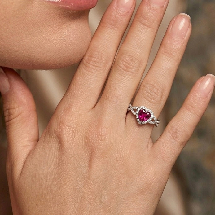 Sterling Silver Heart Halo Twist Garnet CZ Ring-AE-44