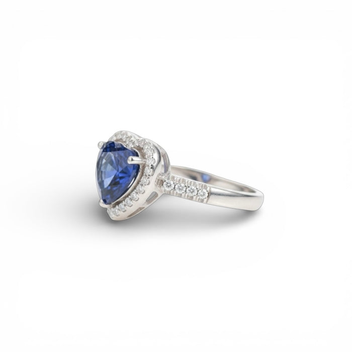 Sterling Silver Blue Sapphire Heart Halo CZ Ring -AE-49