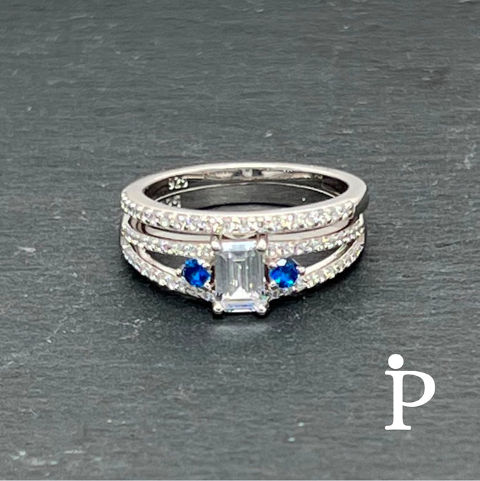 Sterling Silver Blue and Clear Cubic Zirconia Wedding Rings-ER-124