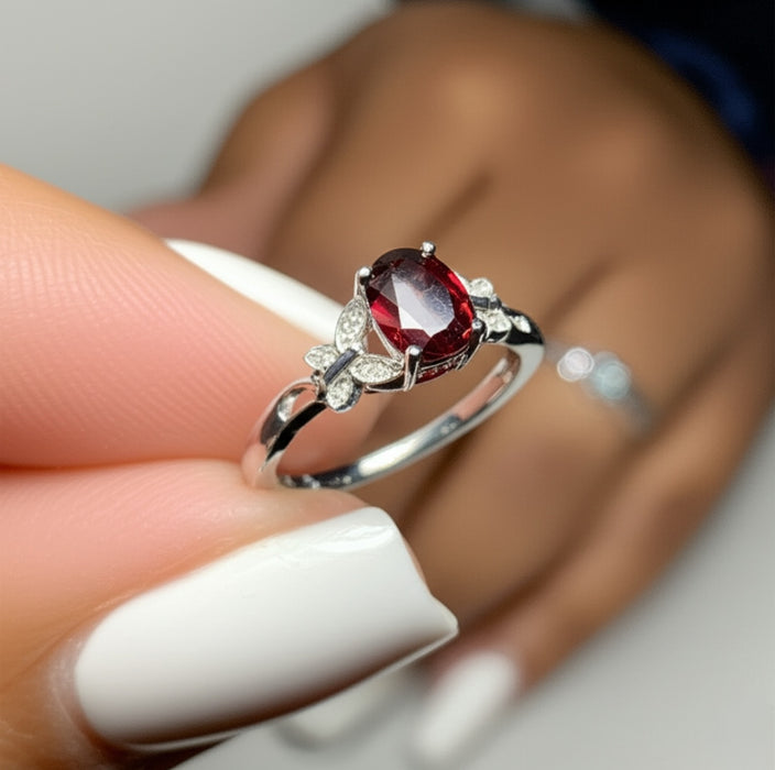 Sterling Silver Double Butterfly Dark Garnet Center Stone CZ Ring-AE-78
