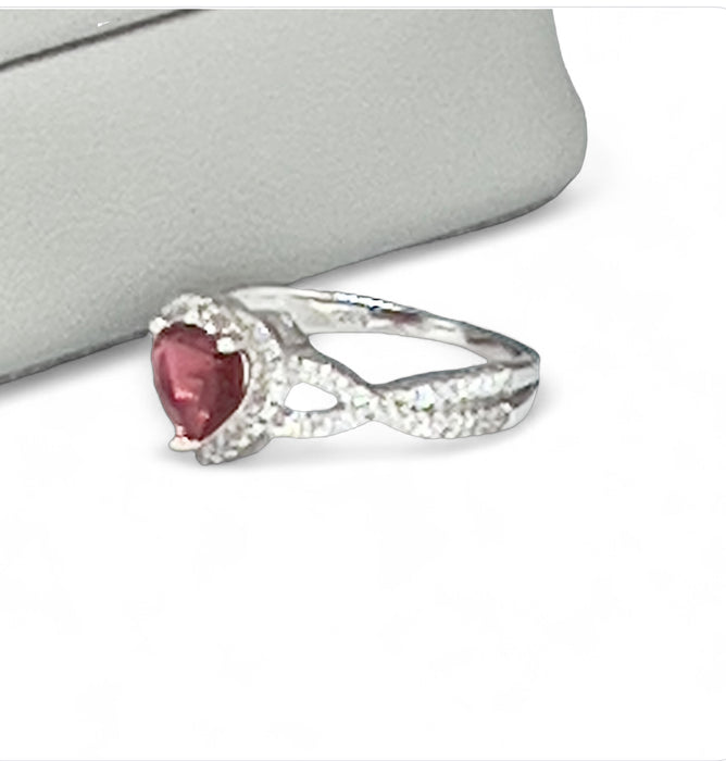 Sterling Silver Heart Halo Twist Garnet CZ Ring-AE-44