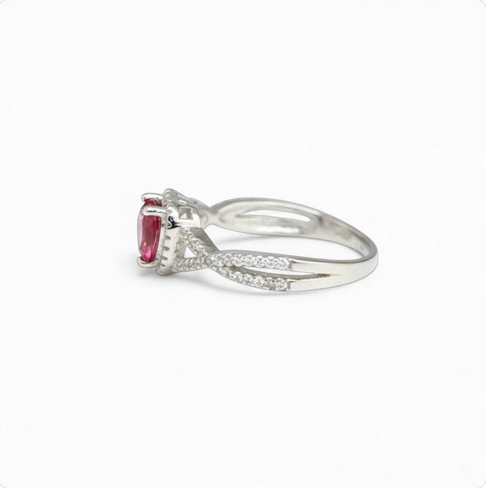 Sterling Silver Heart Halo Twist Garnet CZ Ring-AE-44