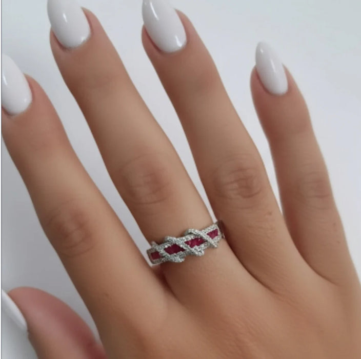 Sterling Silver Elegant Twisted Ruby & Clear CZ Ring-AE-63