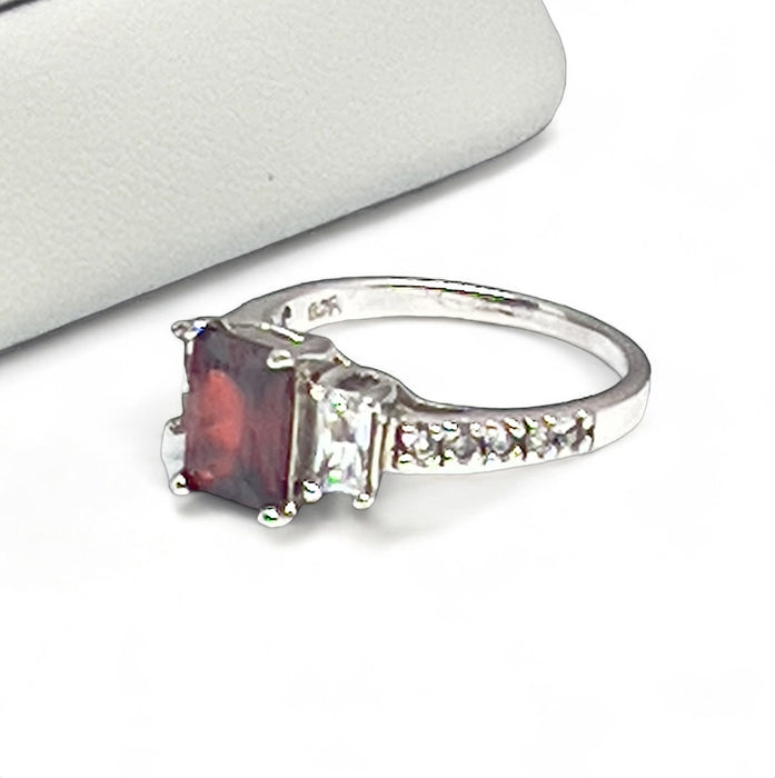 Sterling Silver Rectangular Cut Garnet CZ Ring-AE-03