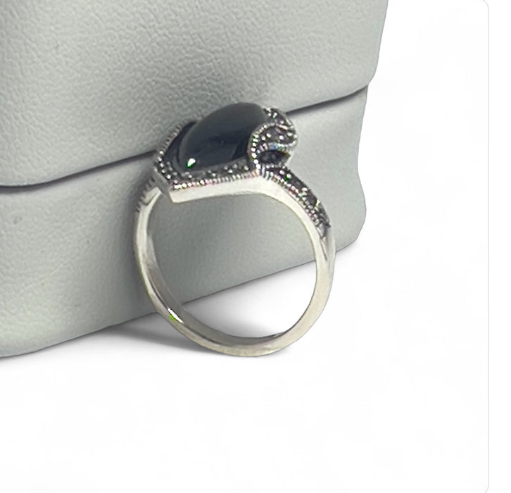 Sterling Silver Black Onyx Marquise Marcasite Ring-AE-47