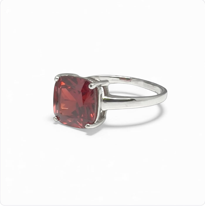 Sterling Silver Cushion Cut Red CZ Ring-AE-22