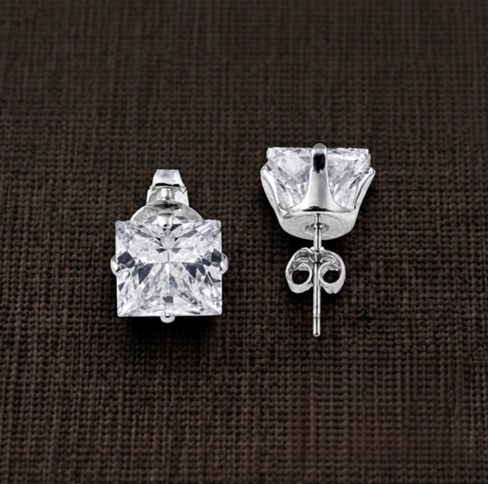 Sterling Silver 7x7mm Square Princess Cut CZ Stud Earrings-SET-73