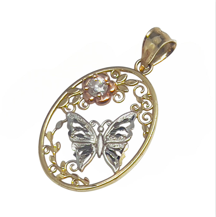 Solid 14K Gold Oval Tri-Color Flower CZ Butterfly Pendant-GP-18