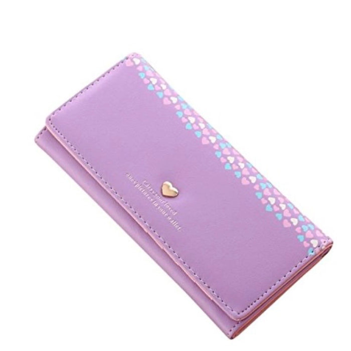Purple Faux Leather Long Clutch Wallet Colorful Heart Pattern Women Gift-WAL-06