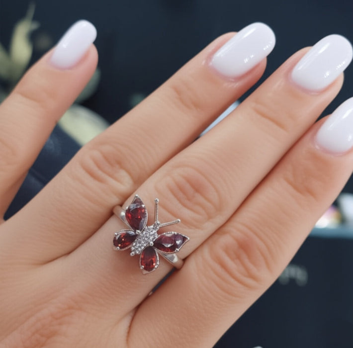 Sterling Silver Large Garnet CZ Butterfly Ring-AE-97