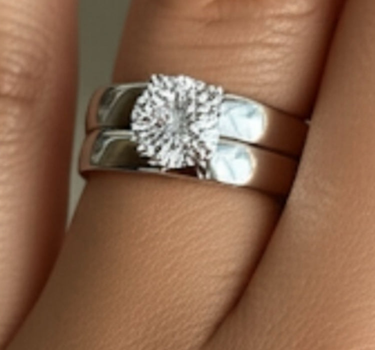 Sterling Silver Round & Plain CZ Ring Set-ER-98