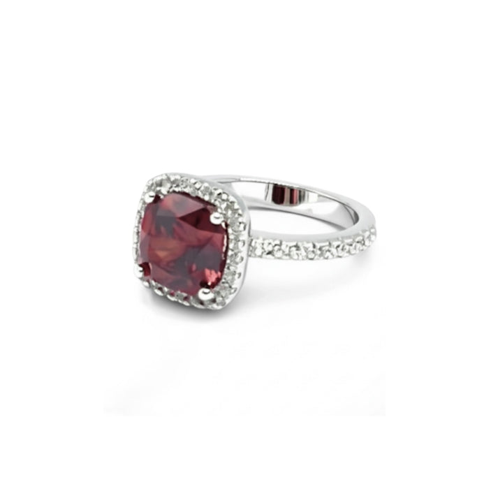 Sterling Silver Cushion-Cut Red CZ Ring-AE-09