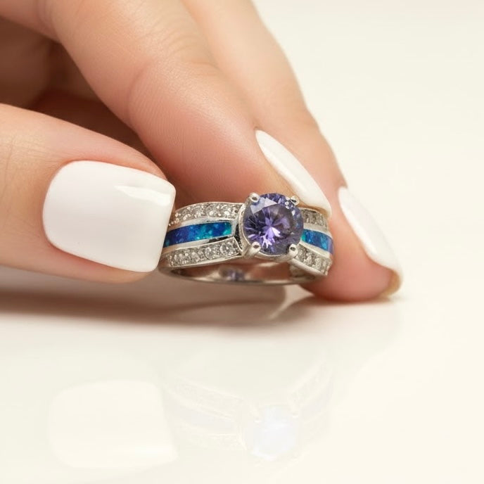 Sterling Silver Lab Opal Round Tanzanite CZ Ring -AE-16