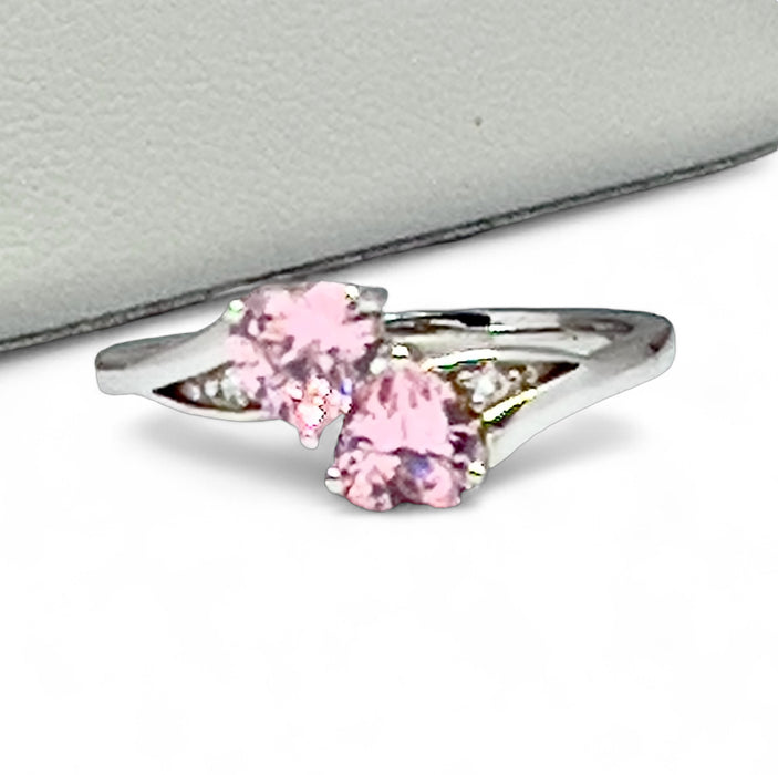 Sterling Silver Double Heart Pink CZ Ring-AE-01