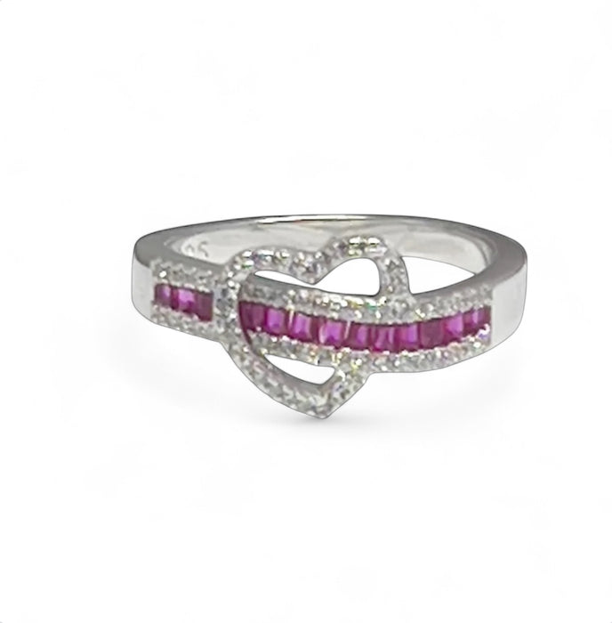 Sterling Silver Unique Heart Ruby CZ Ring-AE-19