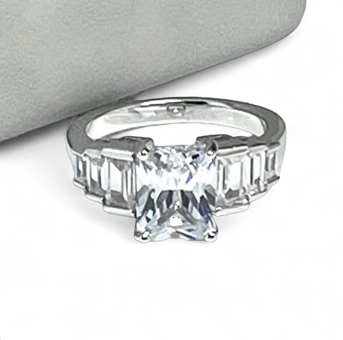 Sterling Silver Emerald-Cut Engagement CZ Ring -ER -24