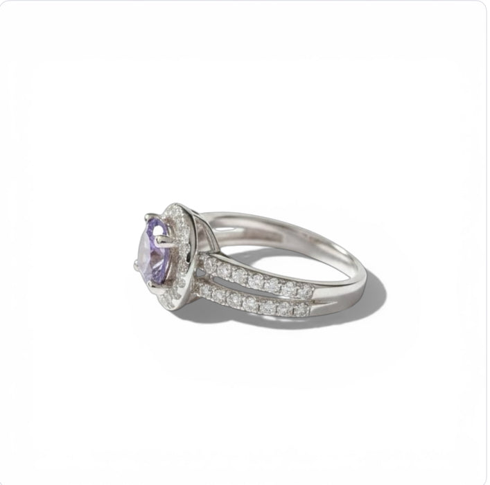 Sterling Silver Round Amethyst Halo CZ Ring-AE-107