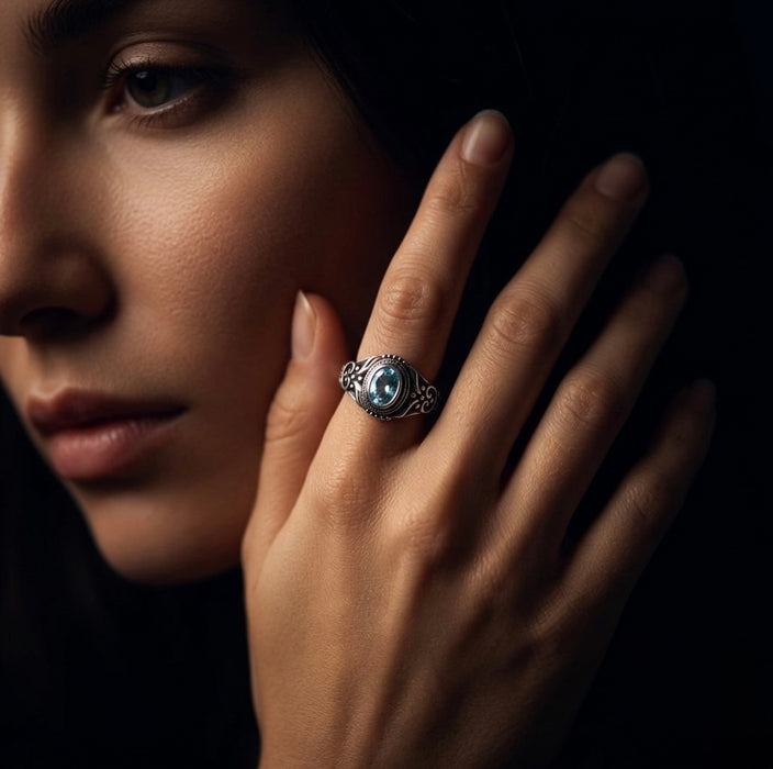 Sterling Silver Austere Oval Cut Aquamarine CZ Ring-AE-71