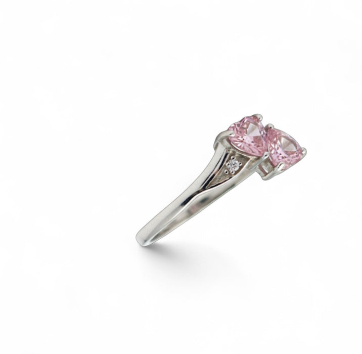 Sterling Silver Double Heart Pink CZ Ring-AE-01