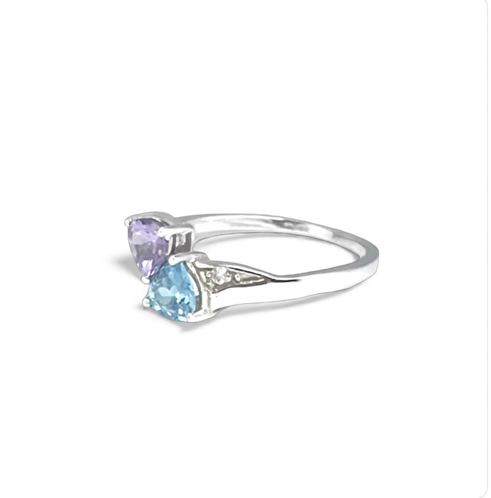 Sterling Silver Double Heart Amethyst CZ & Aquamarine CZ Ring-AE-51