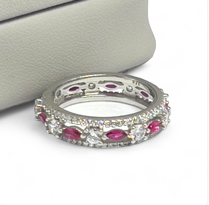 Sterling Silver Modern Eternity Wedding Ring with Simulated Ruby-AE-120