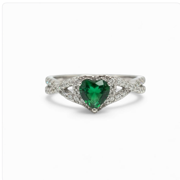 Sterling Silver Heart Halo Twist Green CZ Ring-AE-75