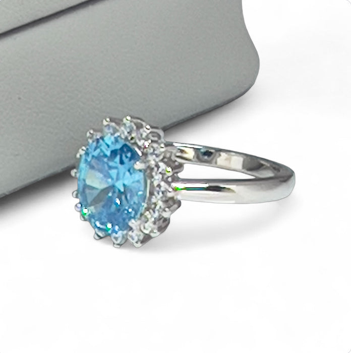 Sterling Silver Oval Aqua Blue CZ Ring-AE-67
