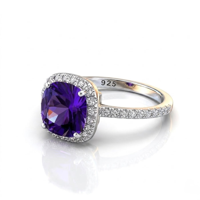 Sterling Silver Cushion Cut Amethyst CZ Ring AE-05