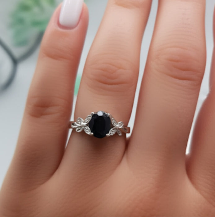 Sterling Silver Double Butterfly Black Center Stone CZ Ring-AE-41
