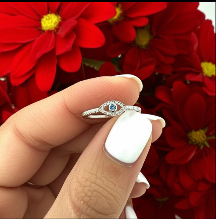 Sterling Silver Aqua Blue Stone Evil Eye CZ Ring-AE-53