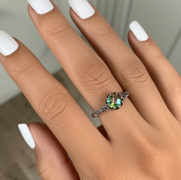 Sterling Silver Floral Rainbow Topaz CZ Ring-AE-79